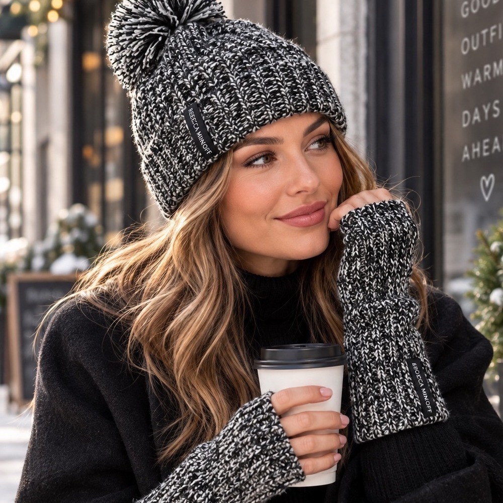 Rebecca Minkoff Marled Beanie and Arm Warmer Set Black White Pom RM3000674-976